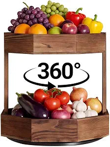 360 Rotation Wood Fruit Basket for Kitchen Counter , 2 Tier Fruit Bowl for Corner Space-Saving Fruit Stand Holder for Bread Fruit and Vegetable Storage Kitchen Countertop Organizer, Easy Assembly