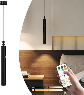 Battery Operated Pendant Light, Battery Chandelier with Remote Control, Rechargeable Hanging Light Fixture with 4000mAh Battery, 3 Color Dimmable, No Wiring, Idea for Bedroom Kitchen Island