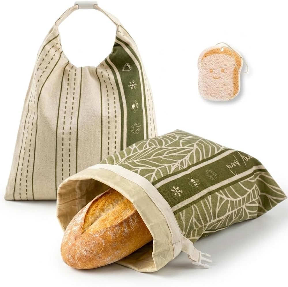 2Pk Reusable Bees Wax Bread Bag - 100% Organic Beeswax Lining & Linen Cotton Outer - XL Foldable Bread Bags for Homemade Bread sourdough, Extra Cleaning Sponge (Antique Foliage & Stripe)