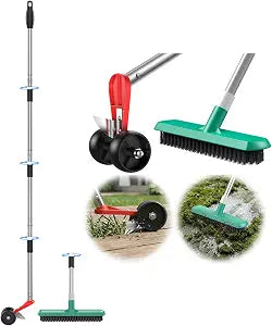 53" Wheeled Blade & Brush Head Crack Weeder Tool, Adjustable Long Handle