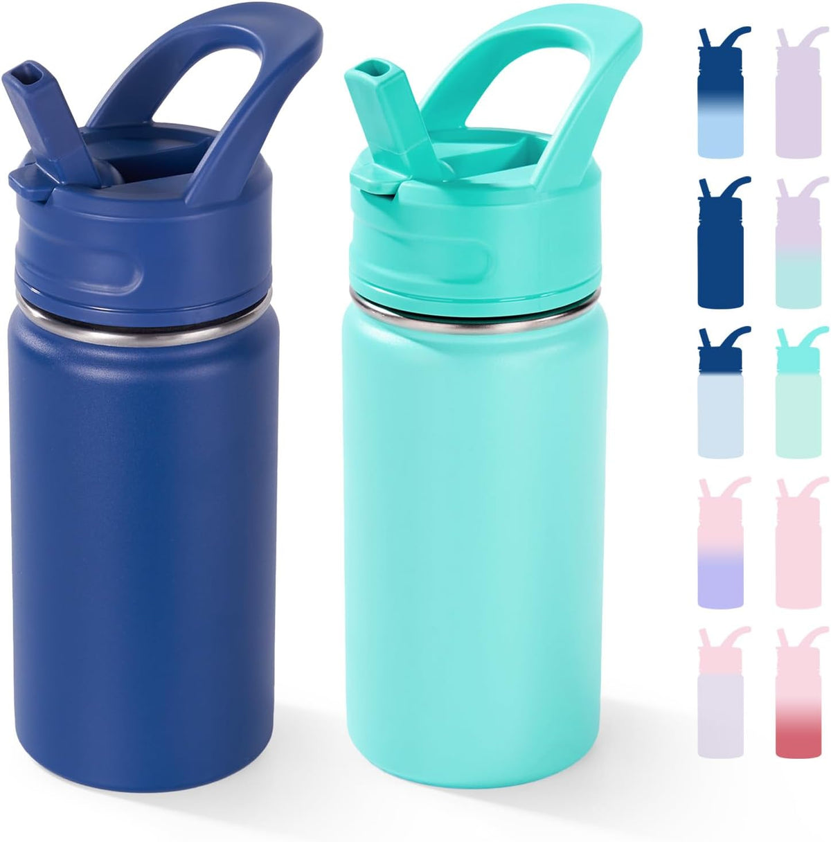 Fijinhom 12oz Kids Water Bottle for School, Toddler Bottles with Straws, Stainless Steel Vacuum Insulated Water Bottle for Boys&Girls, Leak-Proof, BPA-Free, Blue + Green
