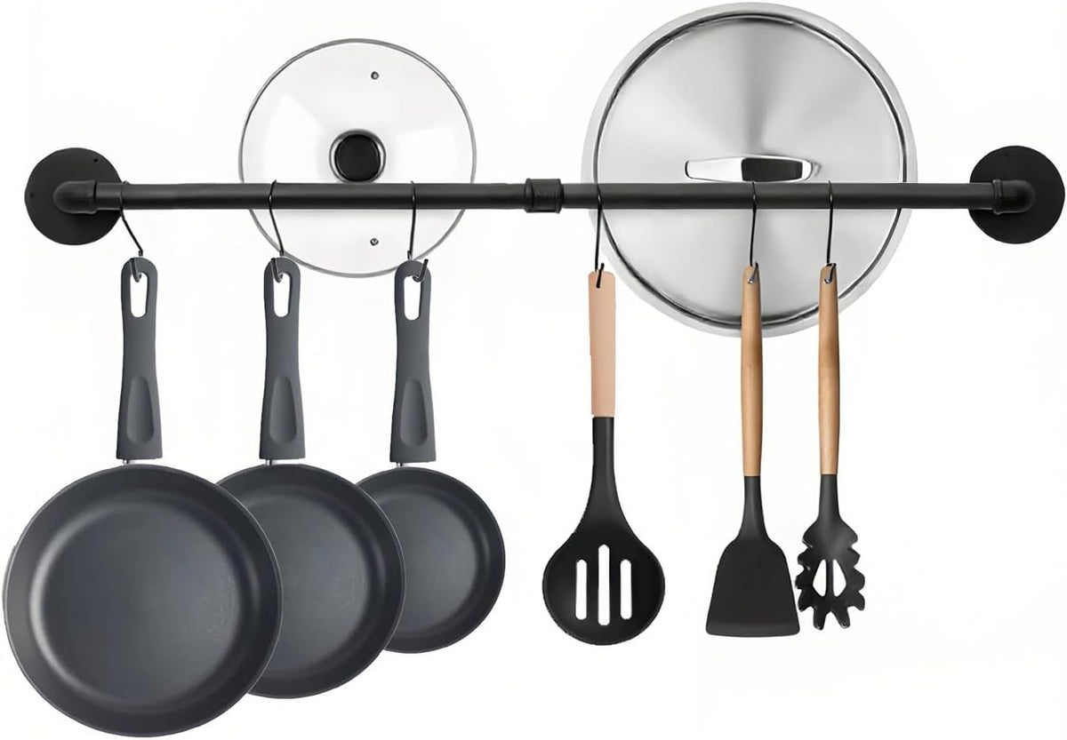 24 inch Pot Rack Wall Mounted Pot Hangers for Kitchen, Detachable Storage Organizer, Industrial Pipe Lids Utensils Hanging Rail Iron Holder with 6 S Hooks, Black