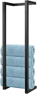 30 Inch Wall Mounted Metal Rolled Towel Rack, Matte Black Vertical Bathroom Storage Organizer, Space Saving Square Towel Holder for Small Modern Bathroom Guest Washroom