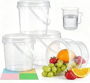 DEMORA 4 Pack 34oz Clear Plastic Bucket with Screw Lid & Handle, Food Grade Reusable Storage Container Pail, BPA Free Small for Kitchen Ice Cream Paint Water Storage
