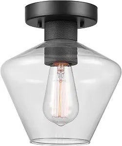 Globe Electric Harling 1-Light Semi-Flush Mount Ceiling Light, Matte Black, Clear Glass Shade, Diamond Knurl Texture on Socket, Home Improvement, Dining Room, Kitchen