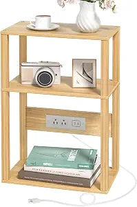 YUFAM 3-Tier Narrow Bedside Table with Charging Station, Skinny Nightstand