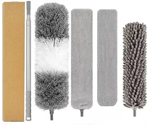 5-in-1 Extendable Microfiber Duster Kit, 100 Inch Long Handle Ceiling Fan Duster with Cobweb Brush, Chenille Head and Crevice Brush, Bendable Washable High Ceiling Cleaner for Blinds Furniture