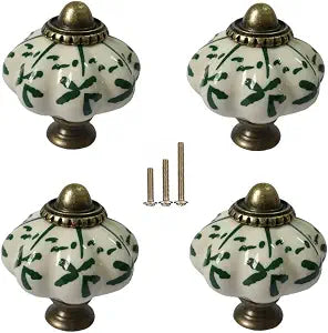 Ivory & Green Ceramic Knobs,Pumpkin Cabinet Knobs 4Pcs Vintage Drawer Pulls and 12Pcs Screws