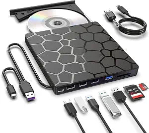8 in 1 External CD DVD Drive USB 3.0 and Type-C Disc Reader Burner Player
