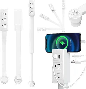 Outlet Electrical Outlet Extender Stick, Features USB-C, USB-A, and 2 AC Outlets, Adjustable 17-27 Inch Power Socket, Extendable Rotating Plug, Use Behind Sofas, Nightstands, Desks (White)