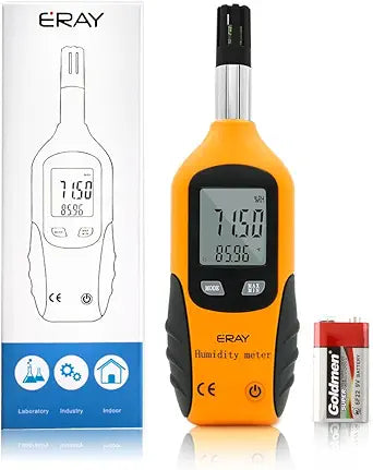 Digital Psychrometer Thermometer Hygrometer with Backlight, ERAY Temperature and Humidity Reader Meter Thermo-Hygrometer with Dew Point and Wet Bulb Temperature, 9V Battery Included(Yellow)