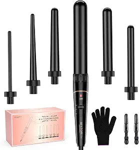 Long Barrel Curling Iron Wand Set, BESTOPE PRO 6 in 1 Curling Wand Set with Ceramic Barrel for Long/Medium Hair, 0.35"-1.25" Interchangeable Hair Wand Curler, Dual Volts, Include Glove & Clips - Black