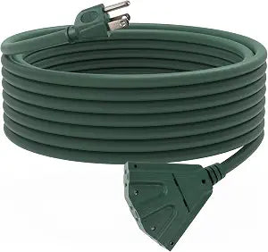 25 Ft Outdoor Extension Cord with 3 Electrical Power Outlets - 16/3 SJTW Durable Green Cable with 3 Prong Grounded Plug