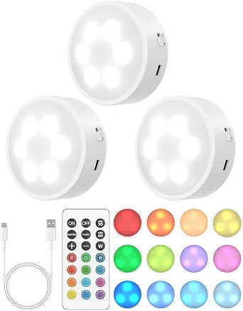 Puck Lights with Remote, Rechargeable 13 RGB Colors Tap Lights, 3 Pack