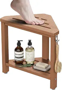 15" Shower Foot Rest with Side Hook, HDPE Waterproof Corner Shower Stool for Shaving Legs, Anti-Slip Shower Bench with Storage Shelf for Inside Shower, Space-Saving Shower Seat for Small Showers, Teak