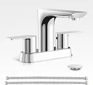 Bathroom Faucets, 4 Inch Faucet for Bathroom Sink, 2 Handle Centerset Bathroom Faucet for Sink Vanity, Stainless Steel Modern Sink Faucet with Pop-up Drain and Supply Hoses