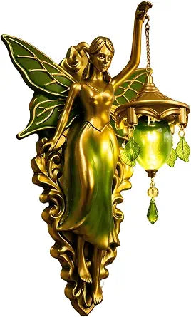Fairy Wall Sconce, Vintage Resin Angel Wall Lamp with Green Glass Lantern, Battery Operated Decorative Wall Light for Bedroom Living Room, Unique Home Decor Gift for Women