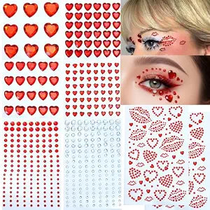 Red Heart Kiss Face Gems Self-Adhesive Rhinestone Red Lip Hair Gems Valentine's Day Face Jewels Stickers On for Rave Accessories Makeup Concerts