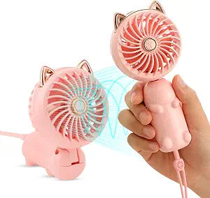 QearFun Handheld Lanyard Fan Portable, Mini Hand Held Fan with USB Rechargeable Battery, 3 Speed Strong Personal Table Fan, 8-12 Hours Small Makeup Fan for Girls Women Travel Beach (Pink)