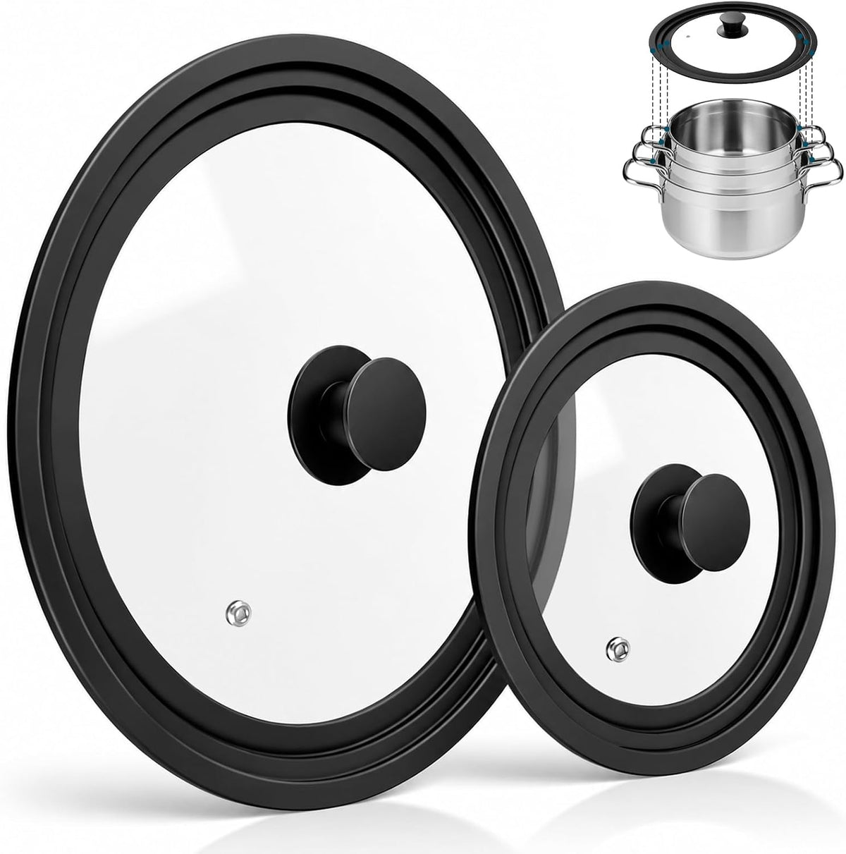 Universal Lid for Pots Pans and Skillets, 2 Pack Pan Cover fit 7", 8" 9" & 10", 11", 12" Diameter Cookware, Silicone Replacement Pan Lid Pot Lids for Frying Pans, Cast Iron,Tempered Glass Lid