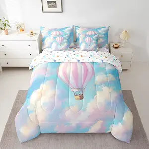 7 Pieces Hot Air Balloon Kids Comforter Twin,Blue Sky Cloud Romantic Tale Bedding Set,Cartoon Fire Balloon Fashion Pink Princess���Comforter+Fitted+Flat Sheet+2 Pillowcases+2 Throw Pillow Covers���