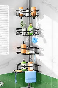 HAMITOR Shower Caddy Tension Pole: Rustproof Quick Install Standing Corner Bathroom Organizer Shelf on Floor for Renters - 4-Tier Large Capacity Storage Rack with Soap Holder for Apartment -Black