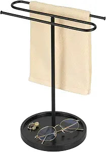 S Shape Towel Holder, Stand Holds 2 Towels Metal Standing Countertop Towel Stand with Bottom Tray for Bathroom Kitchens Rvs No Drilling Needed 10x7x14in (Black)