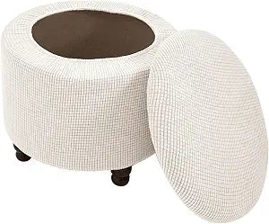 Round Ottoman Cover with Storage 2-Piece Stretch Stool Slipcover Soft Footstool Protector Covers Removable Washable Storage Stool with Cover Lid Folding Stool Covers for Home Decor (New White)