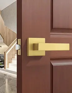 Gobrico 1 Pack Gold Keyless Square Levers Handles, Satin Brass Finish, Interior Passage Door Locksets for Hall Closet Door Knobs Lock Reversible Right & Left Handed