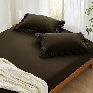 Entisn Full Cotton Ruffle Fitted Sheet Set 400 TC Chocolate Brown