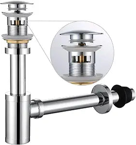 Bathroom Sink Stopper P-Trap Complete Set Adjustable 1-1/4 Sink Drain Kit Tube Solid Brass Bottle Trap w/Pop Up Drain Stopper Set, Overflow Version, Chrome Silver
