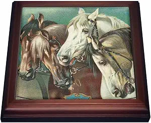 3dRose Vintage Four Horses Artwork Trivet with Ceramic Tile, 8 by 8", Brown