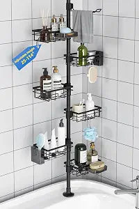 GearFusion Shower Caddy Organizer Tension Pole, Rustproof 4 Tier Corner Shower Rack with 25114 Inch Adjustable Height for Bathroom Storage, Extra Towel Rack, Soap Dish and Toothbrush Holder, Black