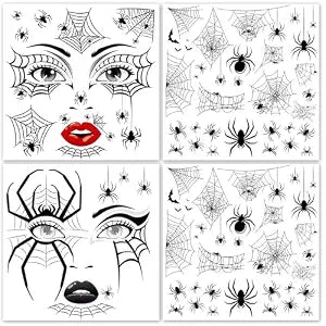 HOWAF 4 Sheets Halloween Spider Face Tattoos, Halloween Spider Web Tattoos Sticker for Hallows' Eve Witch Cosplay Raves Costume Accessories, Spiderweb Eye Body Temporary Tattoo