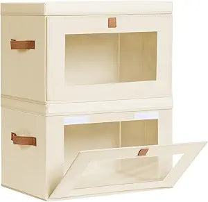 Homsorout Large Closet Storage Organizer - Clothes Storage Bins with Handles & Window, Collapsible Decorative Boxes with Lids, Fabric Containers for Living Room, Dorm, 2 Pack, Beige