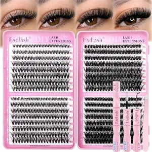 FADLASH Lash Clusters Kit 640PCS Natural Eyelash Clusters Individual D Curl Cluster Eyelash Extensions 8-16mm with Lash Bond and Seal Lash Tweezer for Beginners DIY at Home (30D+40D+50D+60D, 8-16mm)