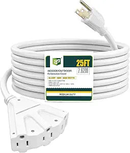 EP 25 Ft Outdoor Extension Cord 16/3 SJTW 3 Electrical Power Outlets, White