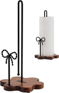 Wood Paper Towel Holder Countertop, Floral Wood Base with Iron Bow Decor,Dual Antique Brown Iron Rods,Stable Non-Slip, Elegant Farmhouse Style for Kitchen&Dining Room (Black)