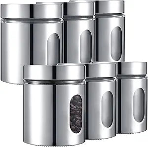 Mimorou 6 Pack 20 oz Stainless Steel Kitchen Canisters with Window, Silver