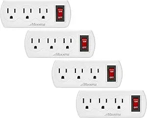 Maxxima 3 Outlet Grounded Wall Plug Adapter with On/Off Switch, 4 Pack