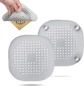 2 Pack Hair Drain Catcher,Square Drain Cover for Shower Silicone Hair Stopper with Suction Cup,Easy to Install Suit for Bathroom,Bathtub,Kitchen (Sliver Grey)