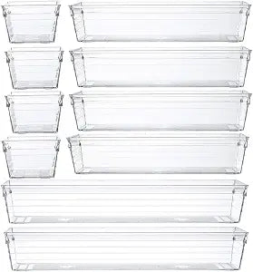 Clear Plastic Drawer Organizer Tray for Vanity Cabinet (Set of 10),Storage Tray for Makeup, Kitchen Utensils, Jewelries, and Gadgets