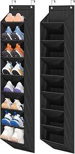 SLEEPING LAMB 2 Pack Narrow Over The Door Shoe Organizer with 8 Large Deep Pockets, Hanging Shoe Rack for Closet Door Storage for Boots, Sneakers (Black)