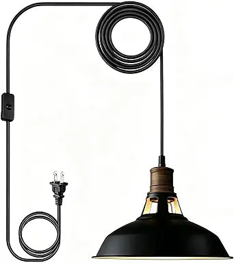 CLAXY Black Plug-in Pendant Light Metal Barn Lights with On/Off Switch