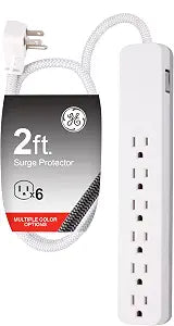 GE UltraPro 6 Outlet Surge Protector, 2 Ft Designer Braided Extension Cord, Flat Plug, Wall Mount, White, 45264