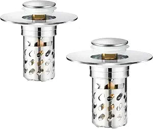 2 Pcs Bathroom Sink Drain Strainer, Universal Pop Up Stopper with Removable Stainless Steel Hair Catcher Basket