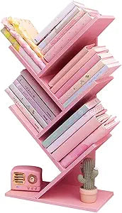 Tree Bookshelf,4-Layer Floor Standing Bookshelf,The Desktop Bookshelf Can Hold Books,Magazines,CDs and Photo Albums,Office Storage Rack,Pink