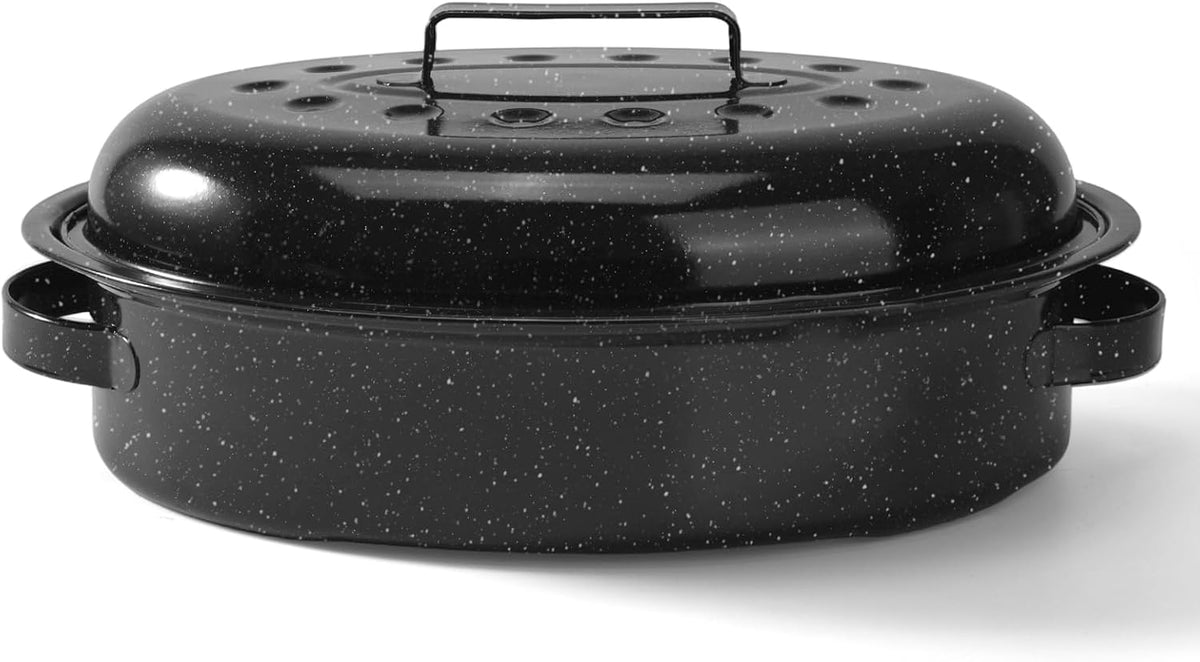 15.4'' Roasting Pan With Lid, Oval Roaster Pan, Medium Enameled Roast Pan For Turkey, Chicken, Lamb, Beef Vegetables, Casserole, Lasagna, Sourdough Bread