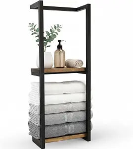 Wall Mounted Towel Rack, 2 Tier Wood & Metal Bathroom Storage Shelf