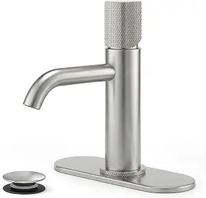 Single Hole Bathroom Sink Faucet with Pop-up Drain & Deck Plate, 304 Stainless Steel Brushed Finish, Cylinder Knob Design, 1 or 3 Hole Deck Plate Included for Vanity, RV, Farmhouse
